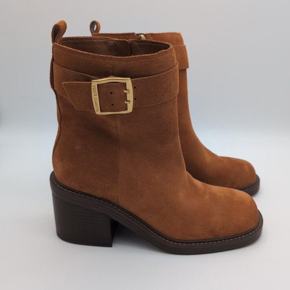 Vince Camuto Booties Womens 10 Brown Suede Zip Buckle Bembonie Ankle Block Heel